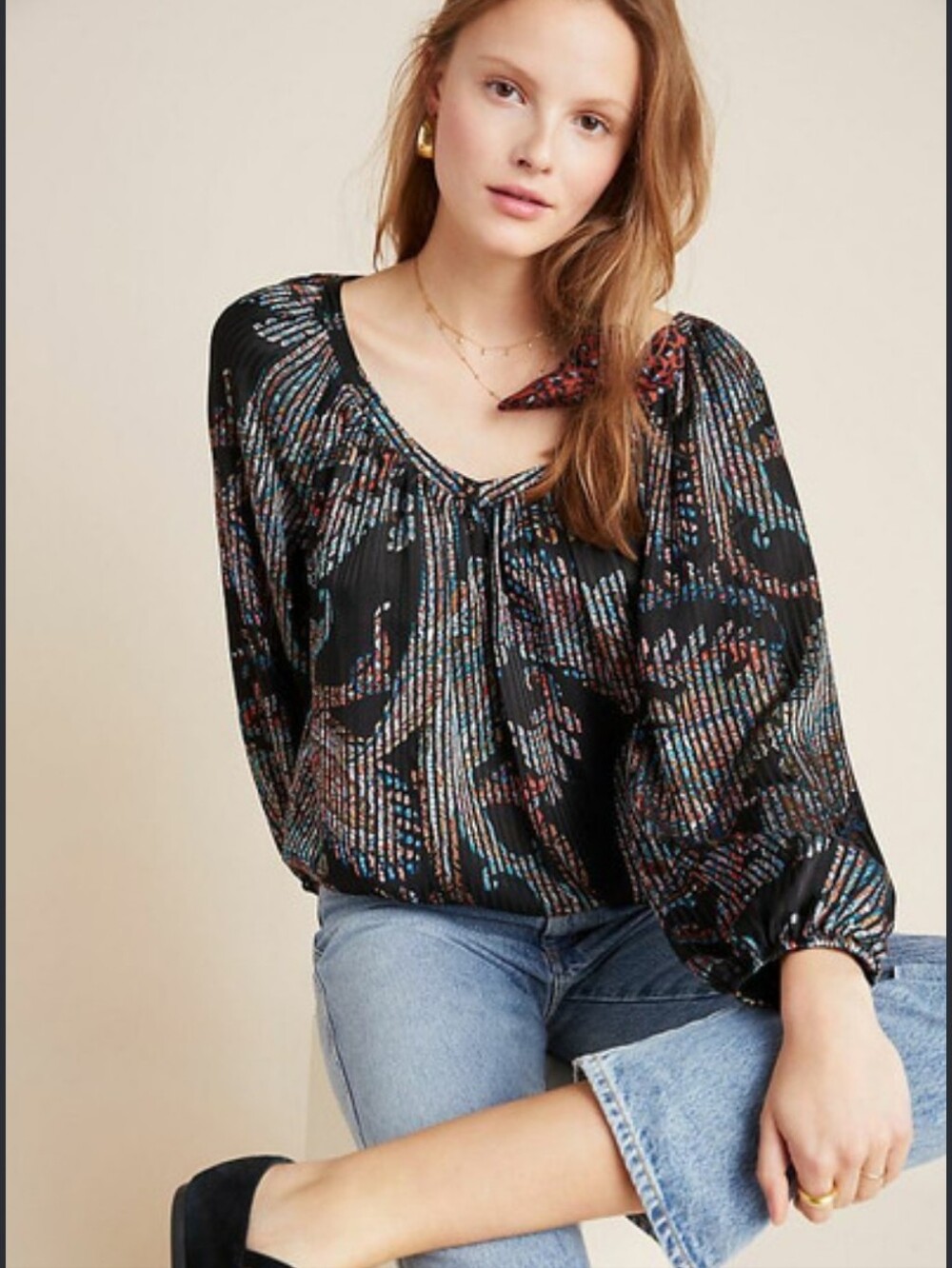 Maeve Anthropologie Black Multicolor Printed Peasant Blouse